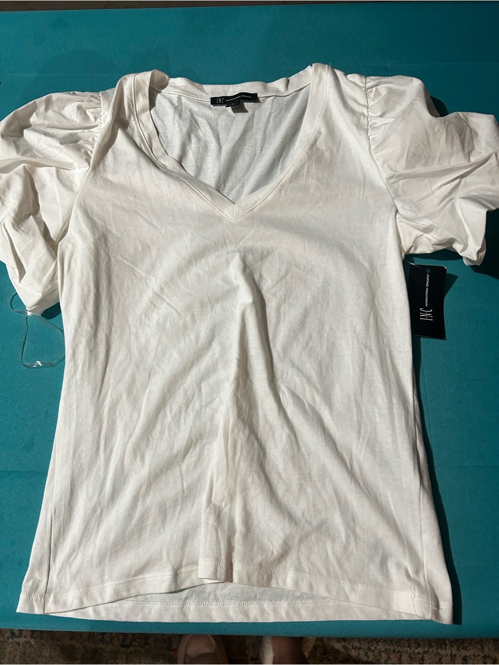 INC International Concepts Cream V-Neck Puff Sleeve Tee